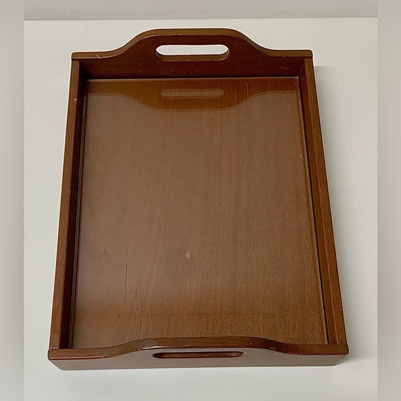 Mid Century Vintage Handled Glass Surface Dovetail Jointed Hardwood Tray - Picture 4 of 16